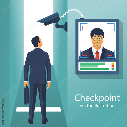 Checkpoint with a surveillance camera and system for the identification of persons. Businessman identifies a person. Scan at the input. Modern technology security. Biometric facial recognition system.