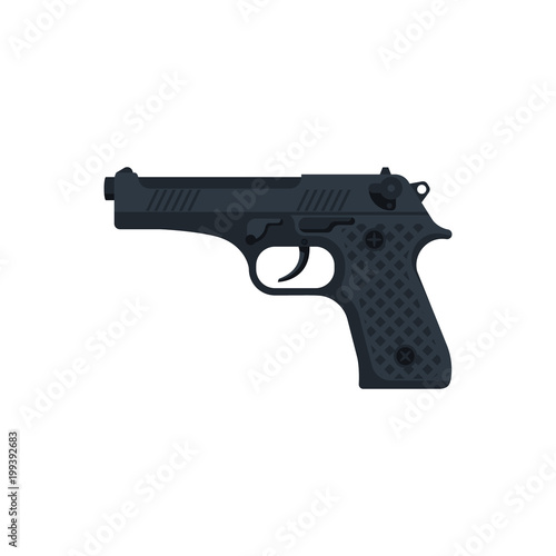 Pistol isolated on white background. Automatic weapon. Handgun police. Semi-automatic pistol. Vector illustration flat design. Gun firearms.