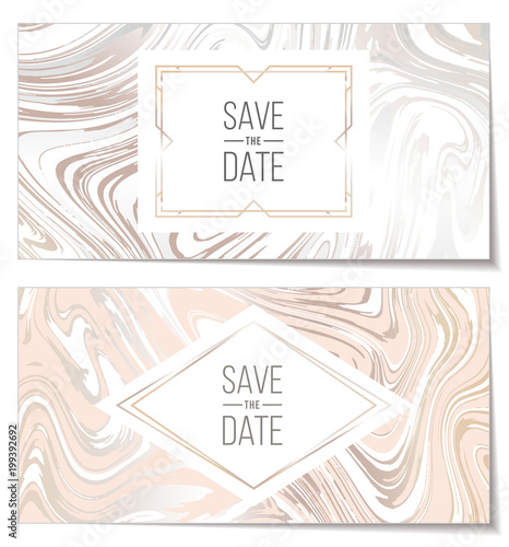 Wedding invitations with Marble paper texture imitation, suminagashi ink stains background, rose gold and white grey