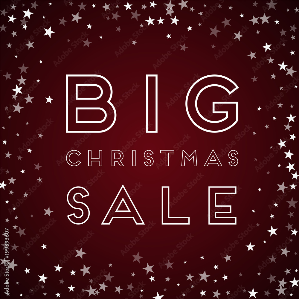 Fototapeta premium Big Christmas Sale greeting card. Random falling stars background. Random falling stars on red background. Splendid vector illustration.