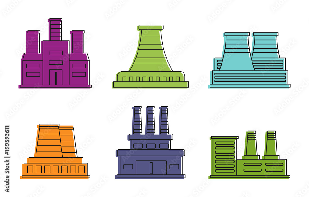Power plant icon set, color outline style