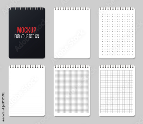 Creative vector illustration of realistic notebooks lined and dots paper page isolated on transparent background. Art design clean spiral notepad blank mockup template. Abstract graphic element