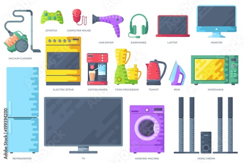 Home electronics appliances  infographics template concept. Icons design for your product or design, web and mobile applications. Vector flat with long shadow illustration on blue background
