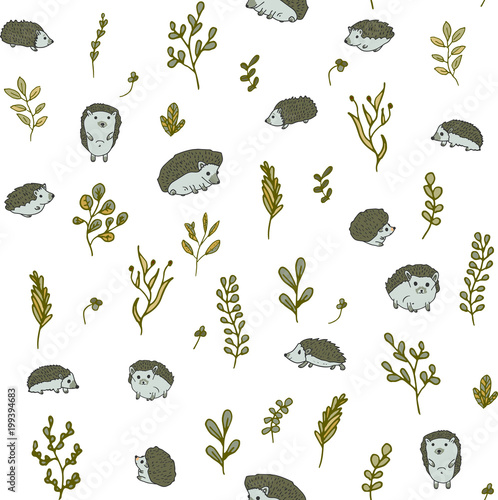 Seamless pattern forest with hedgehogs.