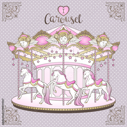 Merry go round with horses over purple polka dot background hand drawn print design for kids in pastel colors vector illustration.