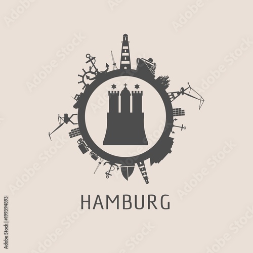 Template with sea shipping and travel relative silhouettes. Hamburg city name text and element from coat of arms
