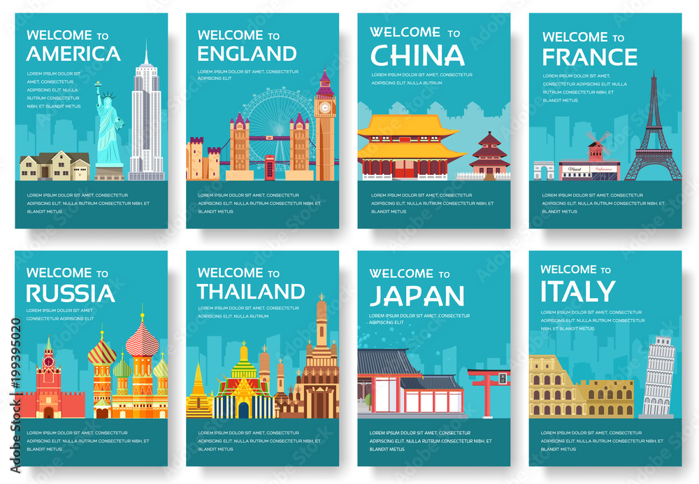 Country of USA, England, China, Frnace, Russia, Thailand, Japan, Italy cards set. Travel of the world of flyer, magazines, poster, book cover, banners. Layout  infographic template illustration pages