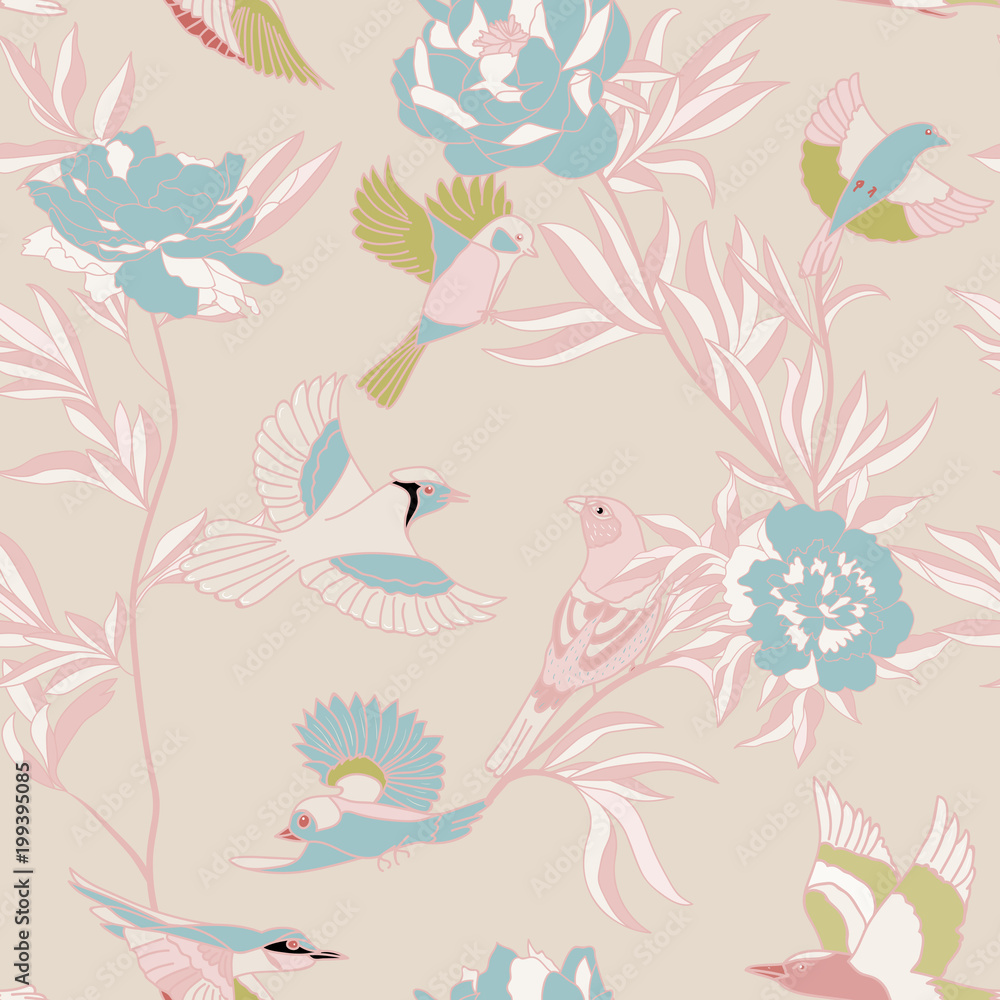 Bright wide vintage seamless background pattern. peony, with humming birds around. Stylized on pink light color. Abstract, hand drawn, vector - stock.