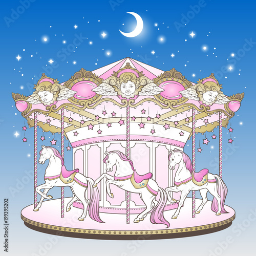 Merry go round with horses over blue night sky with moon and stars hand drawn print design for kids in pastel colors vector illustration.