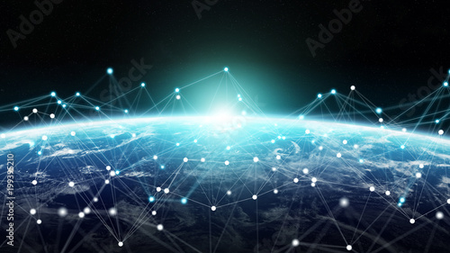 Connections system and datas exchanges on planet Earth 3D rendering