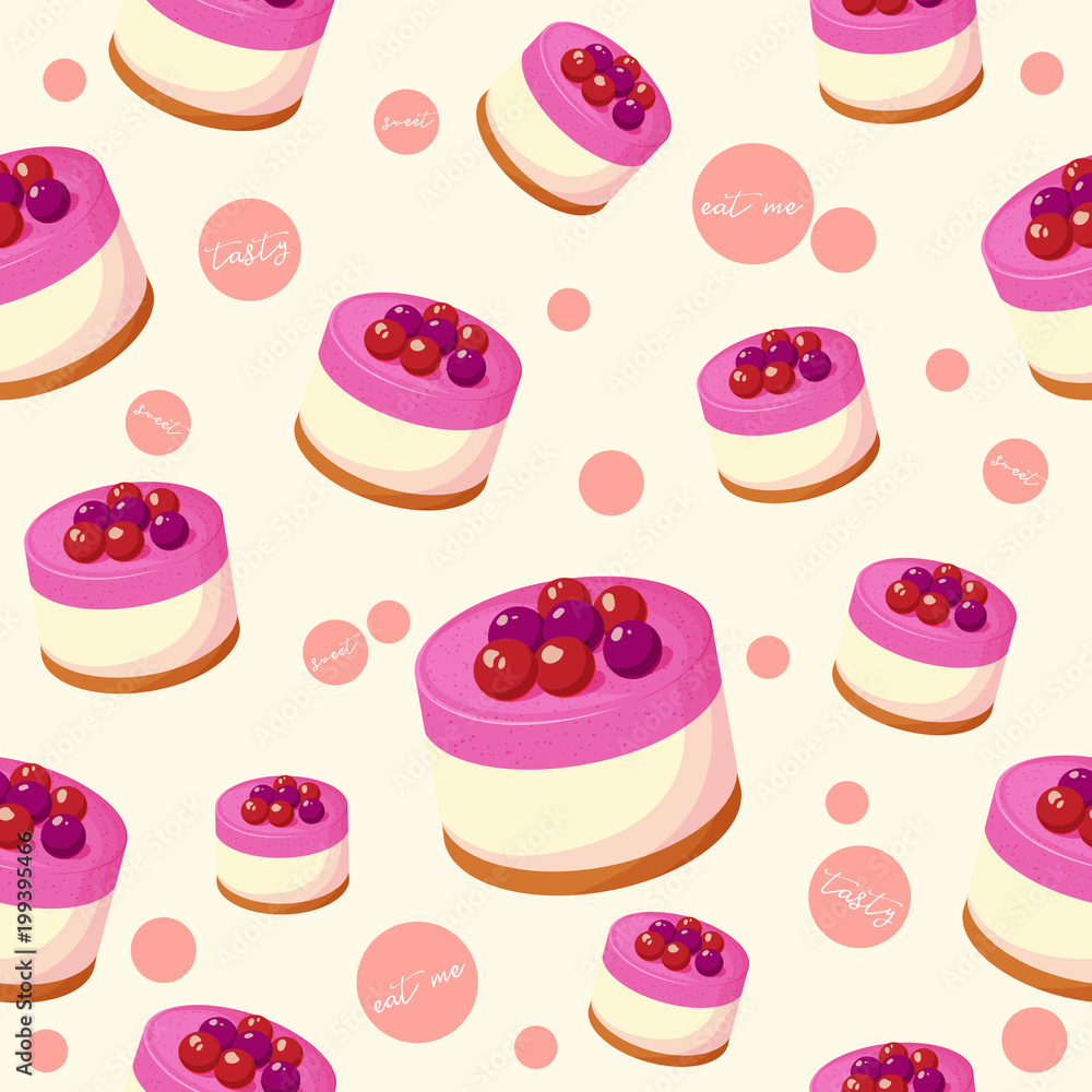 Colorful seamless pattern with tasty cheesecake and berries in cartoon style. Vector illustration. Desserts Collection. Colorful seamless pattern with tasty cheesecake and berries in cartoon style. Vector illustration. Desserts Collection.
