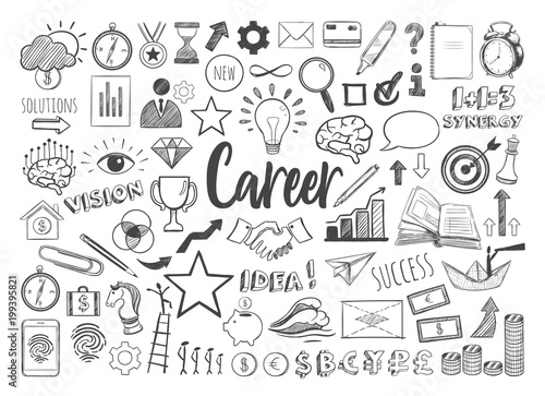 Management infographic concept with financial business career development elements in doodle style . Vector hand drawn illustration. Isolated objects