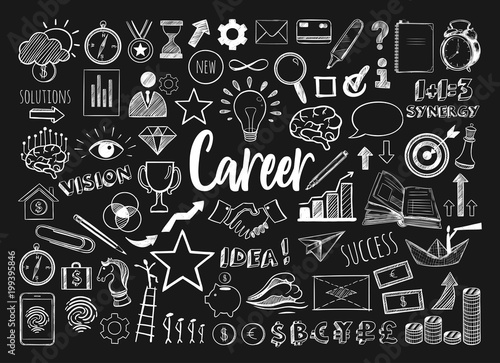 Management infographic concept with financial business career development elements in doodle style . Vector hand drawn illustration. Isolated objects
