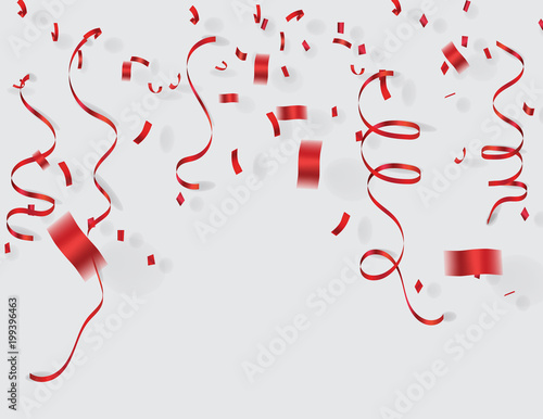 shiny red ribbons  and drop confetti on white background 