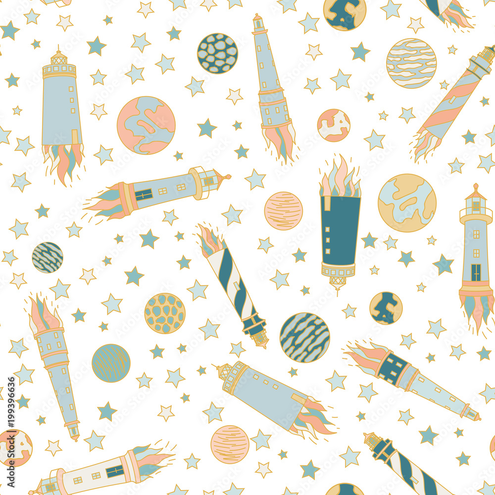 seamless pattern for journey to space with sketch stars, rocket, comets ...