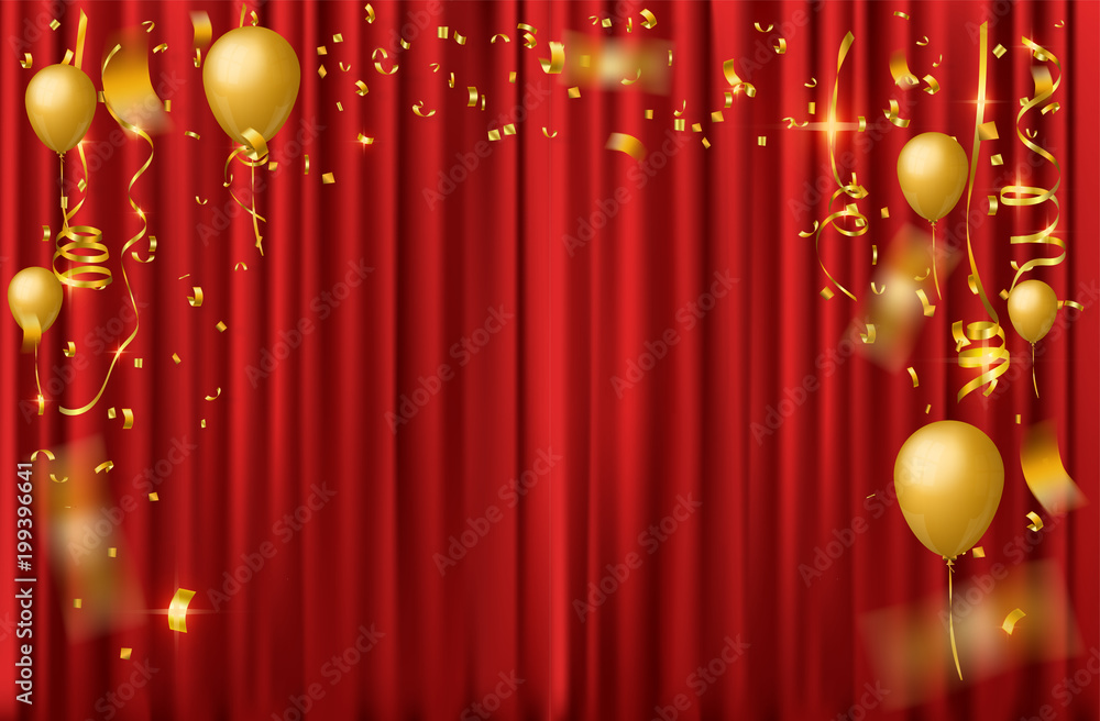 celebration background with falling gold confetti on red curtain Stock  Vector | Adobe Stock