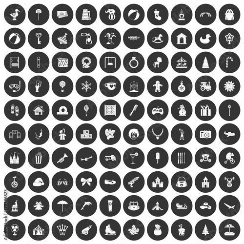 100 happy childhood icons set black circle