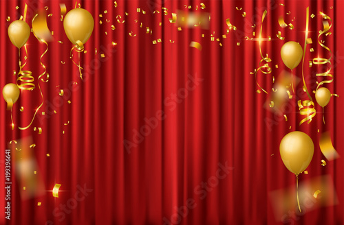 celebration background with falling gold confetti on red curtain