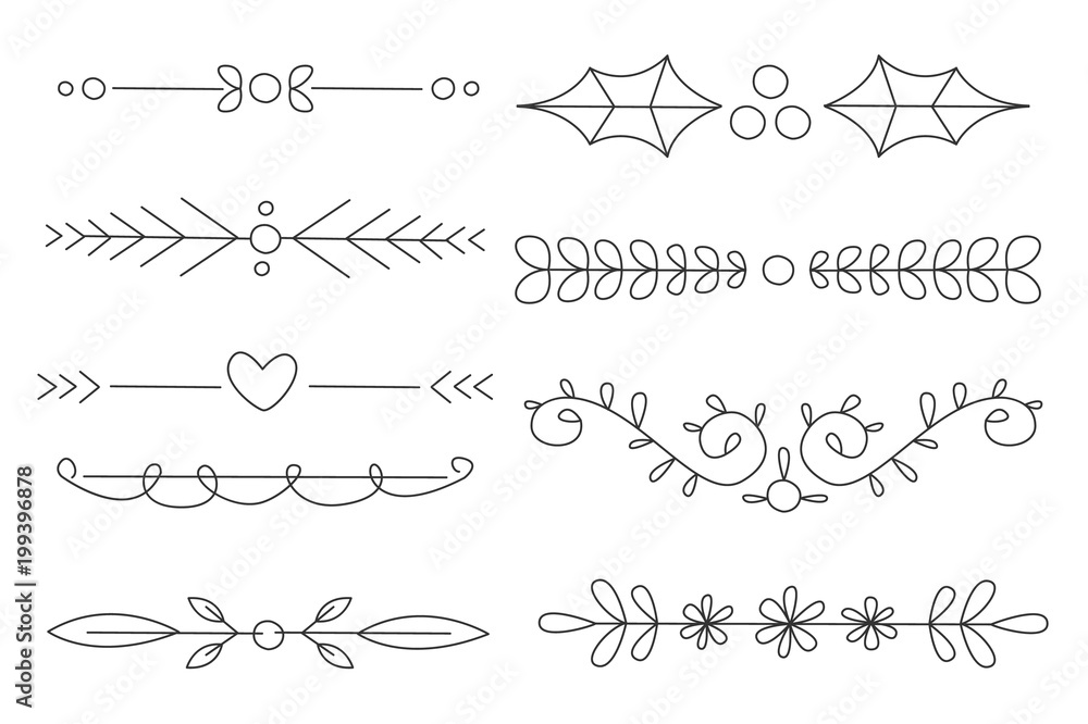 Obraz premium Vector set of black hand drawn dividers. Ornate border and frame elements. Wedding invitation, greeting card or page decoration
