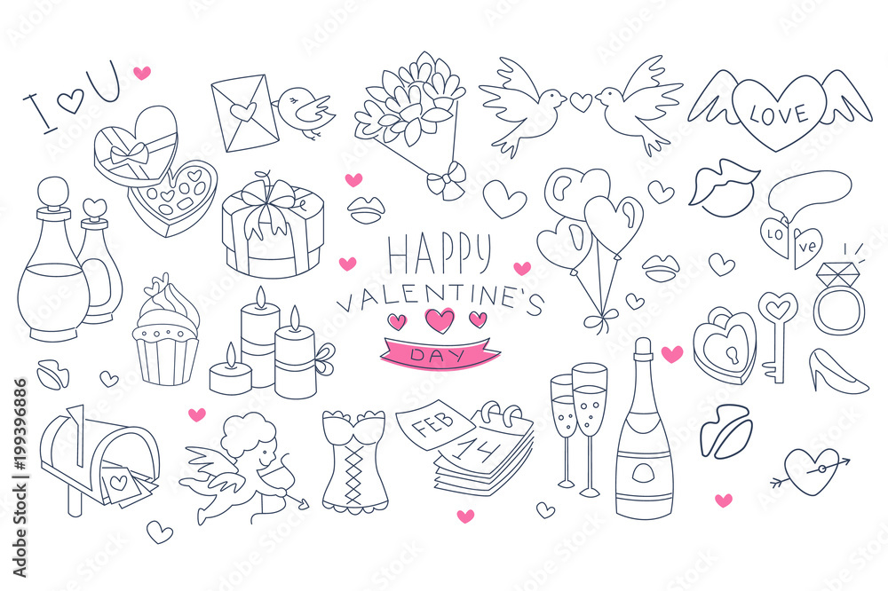 Set of hand drawn symbols of Valentine s Day. Linear flowers, bottle of champagne and glasses, balloons, doves, candles. Vector for greeting card, poster or invitation Set of hand drawn symbols of Valentine s Day. Linear flowers, bottle of champagne and glasses, balloons, doves, candles. Vector for greeting card, poster or invitation