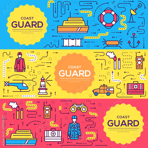 coast guard vector brochure cards thin line set. Guarding the order template of flyear, magazines, posters, book cover, banners. Layout  elements outline illustrations modern pages