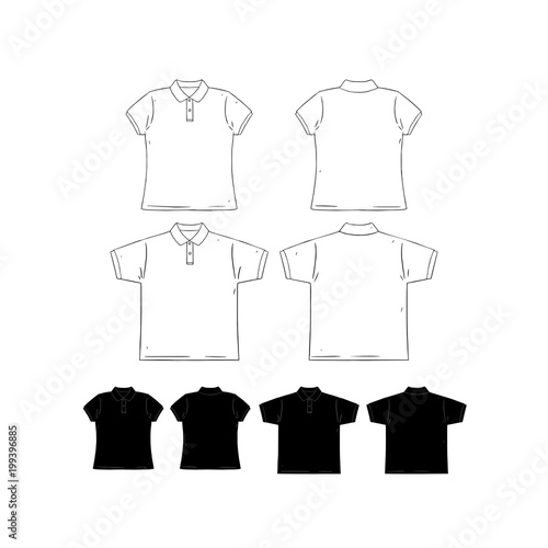 Hand drawn vector illustration of blank men and women short sleeve polo shirt design template.Front and back shirt sides. White and black. 