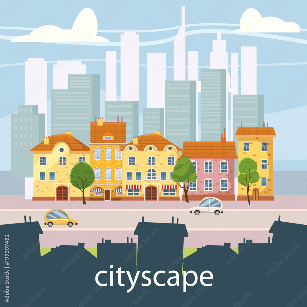 Obraz premium Urban landscape with large modern buildings and suburb with private houses. Street, highway with cars. Concept city and suburban life. Vector, cartoon style, isolated