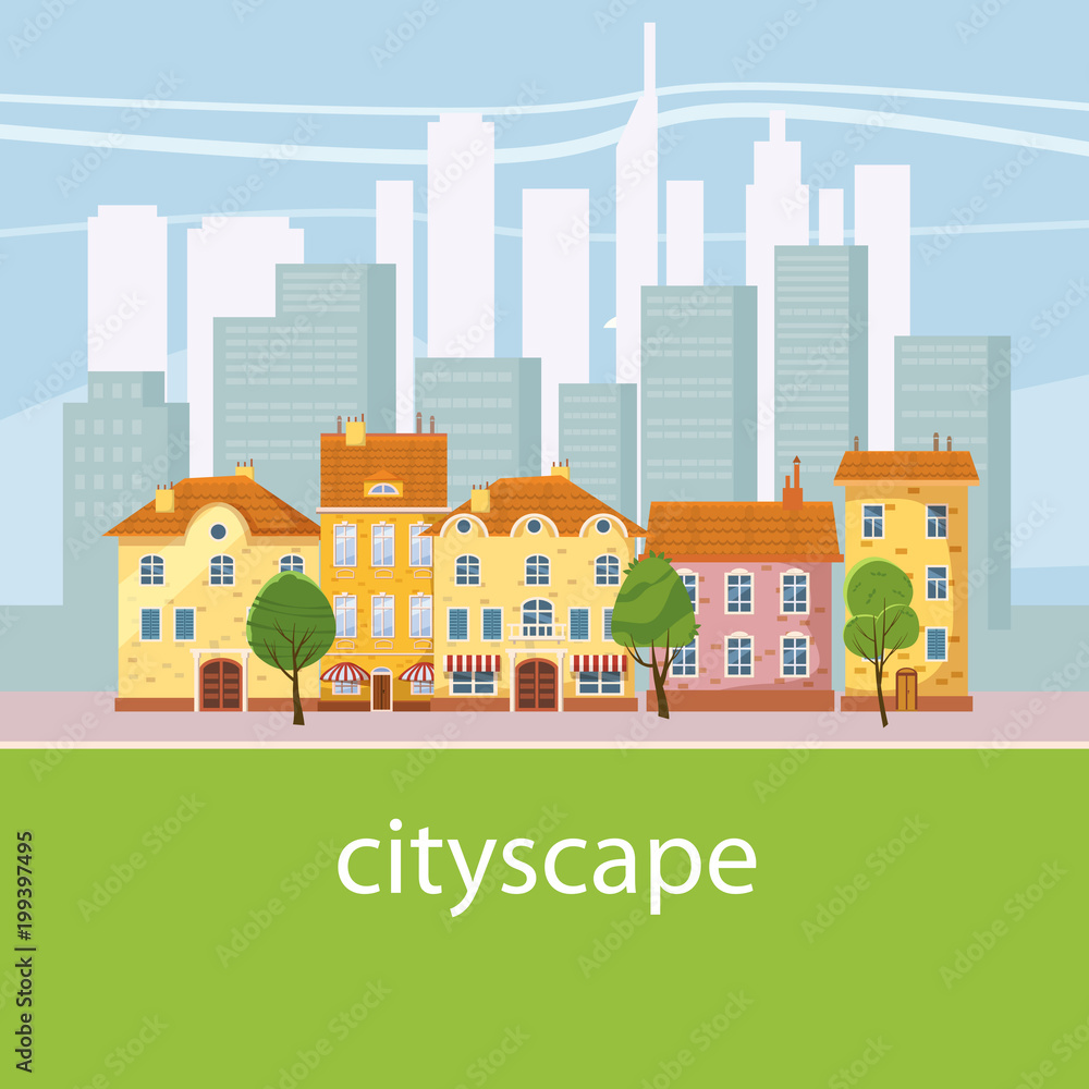 Urban landscape with large modern buildings and suburb with private houses. Concept city and suburban life. Vector, cartoon style, isolated
