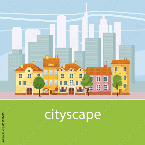 Fototapeta Naklejka Na Ścianę i Meble -  Urban landscape with large modern buildings and suburb with private houses. Concept city and suburban life. Vector, cartoon style, isolated