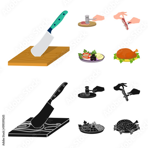 Cutlass on a cutting board, hammer for chops, cooking bacon, eating fish and vegetables. Eating and cooking set collection icons in cartoon,black style vector symbol stock illustration web.