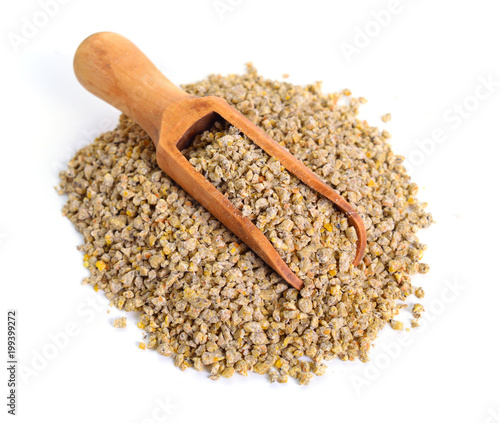 A pelleted ration designed for chicken. Isolated on white background photo