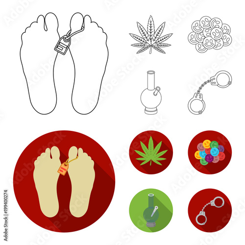Hemp leaf, ecstasy pill, handcuffs, bong.Drug set collection icons in outline,flat style vector symbol stock illustration web.