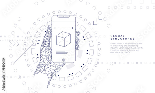 Innovations systems connecting people and robots devices. Future technologies in automatics cyborg systems and computers industry from awesome internet developments. Geometry style with linear pictogr