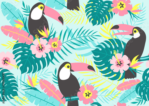 Tropical seamless pattern with toucans, exotic leaves and flowers. Vector illustration