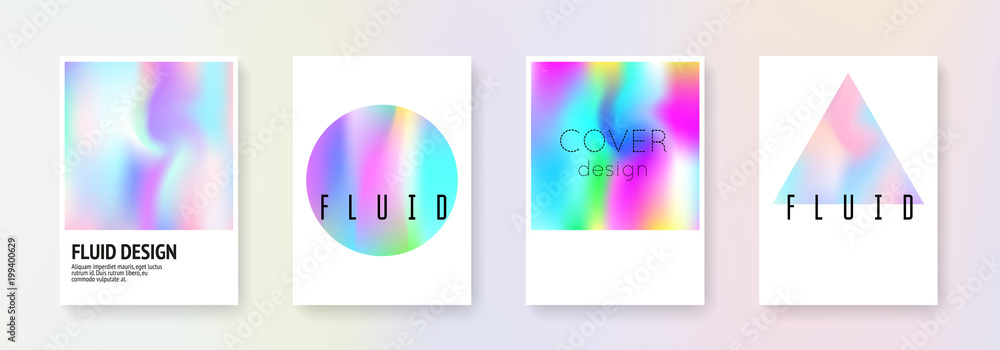 Geometric cover set. Abstract backgrounds. Multicolor geometric cover with gradient mesh 90s, 80s retro style. Pearlescent graphic template for book, annual, mobile interface, web app.