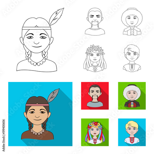 Chinese, ukrainian, russian, eskimo. Human race set collection icons in outline,flat style vector symbol stock illustration web.