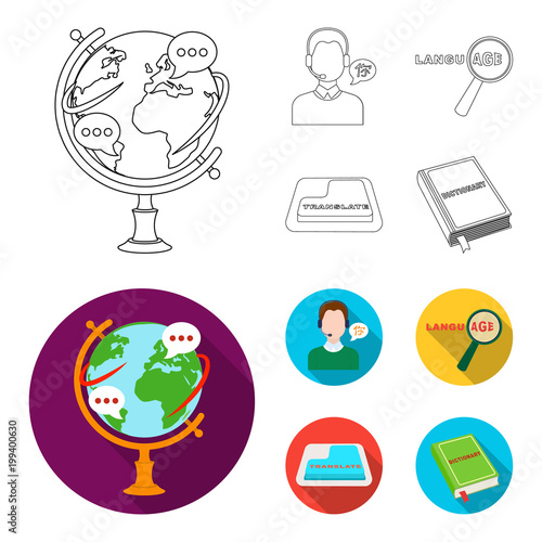 A translator in headphones, a magnifying glass showing translation, a button with an inscription, a book with a bookmark. Interpreter and translator set collection icons in outline,flat style vector
