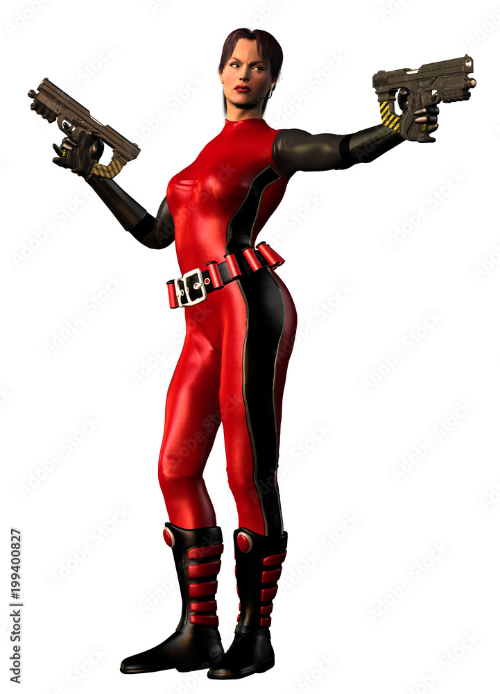 futuristic warrior woman armed with two guns, 3d illustration futuristic warrior woman armed with two guns, 3d illustration