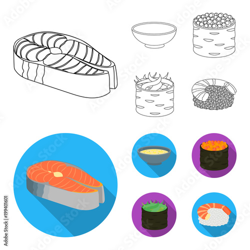 Bowl of soup, caviar, shrimp with rice. Sushi set collection icons in outline,flat style vector symbol stock illustration web.