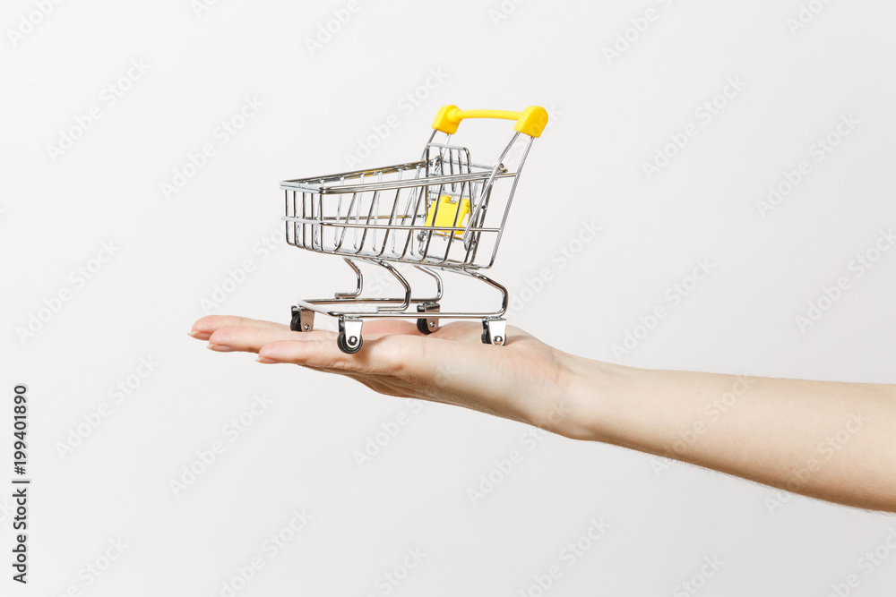Close up of female hand horizontal holds toy metal shopping cart with yellow plastic handle isolated on white background. Shopping concept. Copy space for advertisement. Close up of female hand horizontal holds toy metal shopping cart with yellow plastic handle isolated on white background. Shopping concept. Copy space for advertisement.