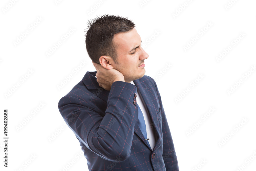 Banker or broker grabbing his scruff as stress concept. Banker or broker grabbing his scruff as stress concept.