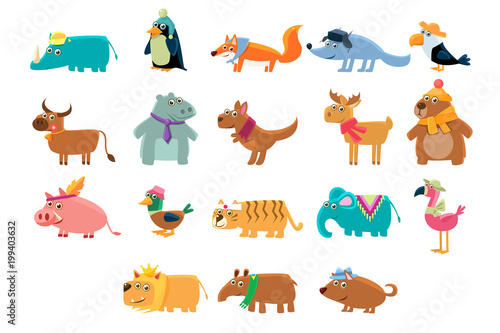 Fototapeta Naklejka Na Ścianę i Meble -  Cute animals big set in bright colors childish vector illustration