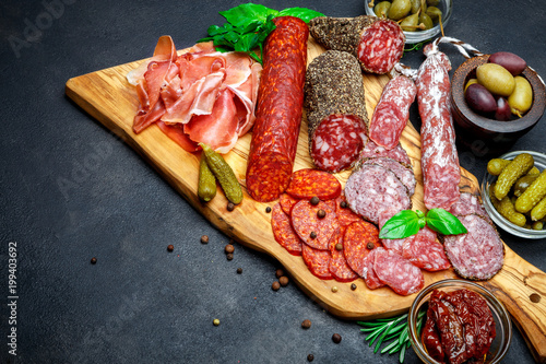 Set of traditional Italian meat snack. Salami, prosciutto, olives, capers