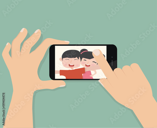 hand hold smartphone and touch  selfie