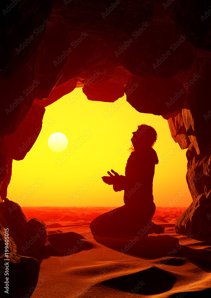 Man praying in the cave.3d render
