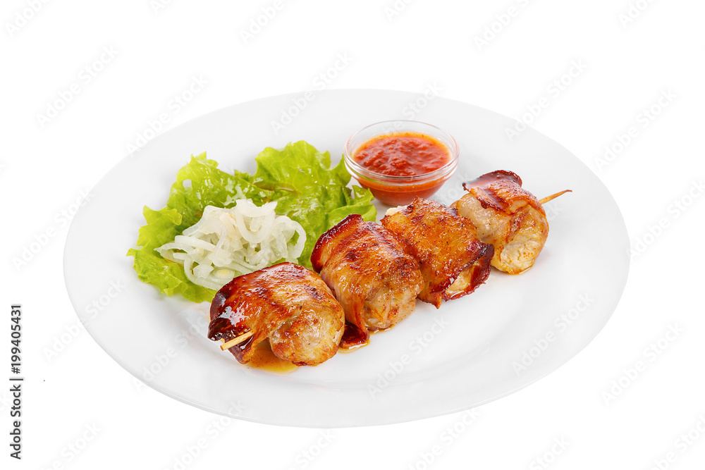 Shish kebab, beef, lamb, pork, chicken in bacon grilled meat, barbecue, without garnish on a plate, isolated on white background. Marinated onion, ketchup, tomato red sauce. Side view For the menu Shish kebab, beef, lamb, pork, chicken in bacon grilled meat, barbecue, without garnish on a plate, isolated on white background. Marinated onion, ketchup, tomato red sauce. Side view For the menu