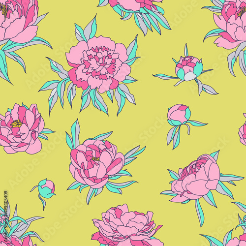 peony on background on yellow. Stylized. hand drawn. Seamless pattern. photo