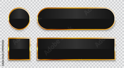 Black glossy buttons with gold elements set isolated on transparent background.
