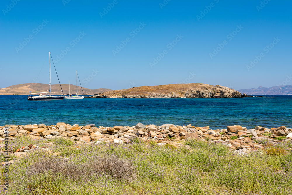 View of Delos island, the most big archaeological site of Cyclades archipelago. Greece.