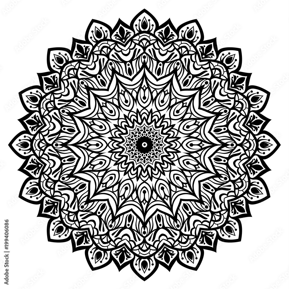 Black and white mandala vector isolated on white. Vector hand drawn circular decorative element. Black and white mandala vector isolated on white. Vector hand drawn circular decorative element.